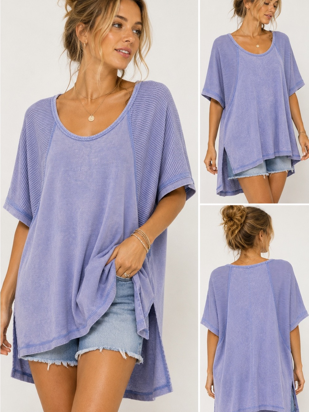 Umgee Lavender Waffle Knit Oversized Tunic Top XL Side Slit Casual Boho